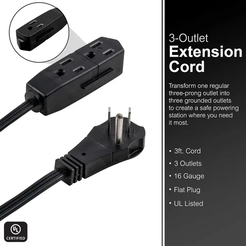Vista 2 de GE Cable de extensión plano de 3 salidas de 3 pies, cable de extensión a tierra con múltiples tomas, extensor de salida de 3 clavijas, enchufe