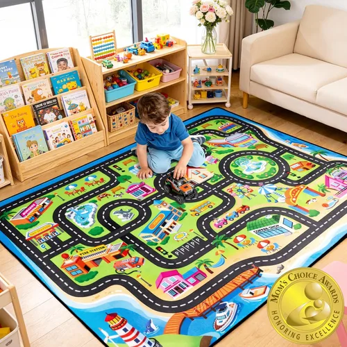 Vista 10 de Alfombra de carretera para niños de 3 x 5 pies, alfombra de juego de coche de ciudad costera para autos de juguete, alfombra educativa de mapa