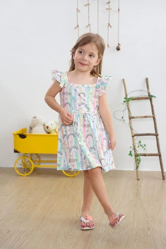 Vista 2 de Popshion Vestidos de niña con mangas con vuelo, vestido de verano para niños, fiesta de cumpleaños, sin mangas, vestido de 1 a 8 años