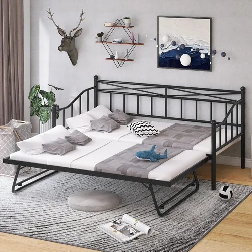 Vista 12 de Sofá cama doble de metal con nido desplegable ajustable, marco de acero resistente, soporte de listones de metal, sin necesidad de somier, cama