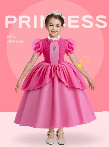 Vista 5 de Szytypyl Super Bros - Disfraz de princesa melocotón para niñas, disfraz de encaje de lujo con accesorios