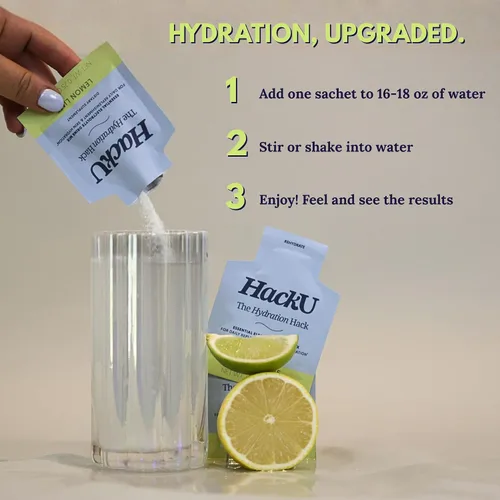 Vista 2 de HackU Hydration Hack - Paquetes de hidratación de electrolitos y piel – Mezcla de bebida sin azúcar, sin hinchazón con magnesio, ácido hialurónico
