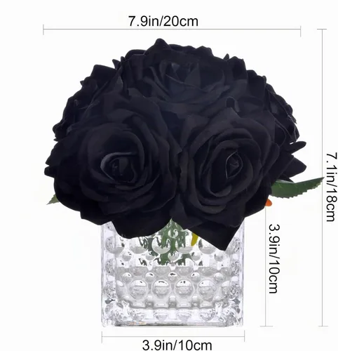 Vista 8 de Arreglo de centro de mesa de rosa artificial de seda en florero de vidrio con luz LED para decoración de bodas en el hogar (Negro)