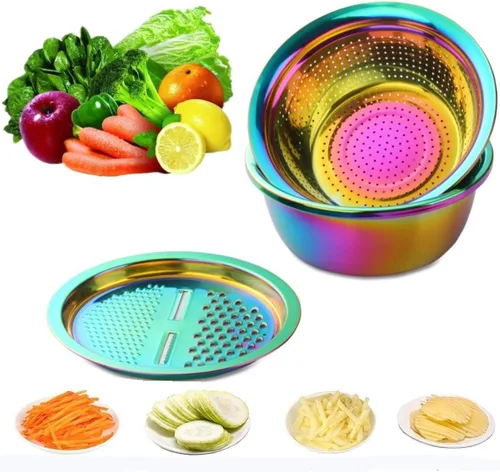 Vista 9 de Juego de 3 piezas de colador de acero inoxidable, cortador de verduras y frutas, pelador de patatas, zanahoria, colador, utensilios redondos