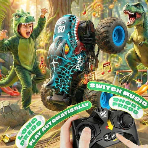 Vista 4 de BEZGAR Monster Truck Toys - Camión monstruo de control remoto con luz y música, juguetes de dinosaurios para niños, camión RC a escala 1:20 con Azul