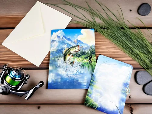 Vista 6 de Tarjeta de felicitación desplegable 3D – Tarjeta de pesca hecha a mano con lubina saltarina y lago escénico – Día del Padre, cumpleaños, jubilación