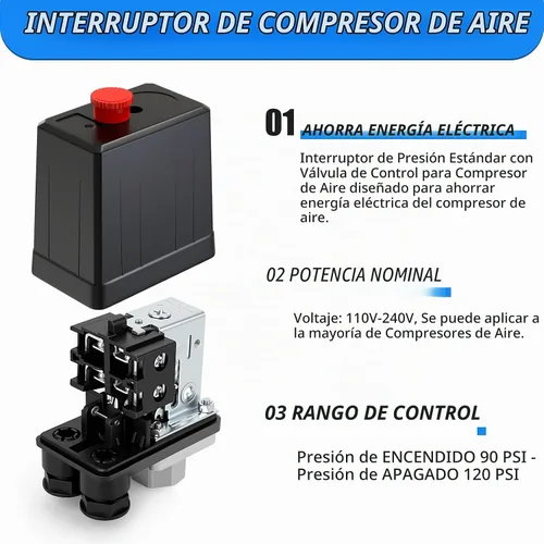 Vista 3 de MEANLIN MEASURE Válvula de control del interruptor de presión del compresor de aire 90-120 PSI 110V-240V Piezas de repuesto con manómetro de presión