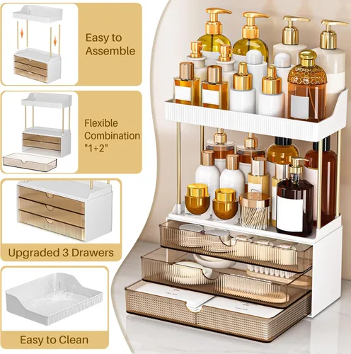 Vista 5 de caktraie Organizadores y Almacenamiento de Baño - Organizador de Maquillaje de 3 Cajones y 2 Niveles, Cajón de Almacenamiento de Cosméticos