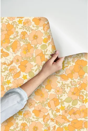 Vista 3 de Papel tapiz para despegar y pegar, diseño floral vintage de los años 70, flores amarillas melocotón, papel tapiz extraíble personalizado Spoonflower