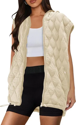 Vista 2 de SENSERISE - Chaleco acolchado extragrande para mujer, con cremallera, capucha, chaqueta acolchada sin mangas, abrigo de invierno con bolsillos