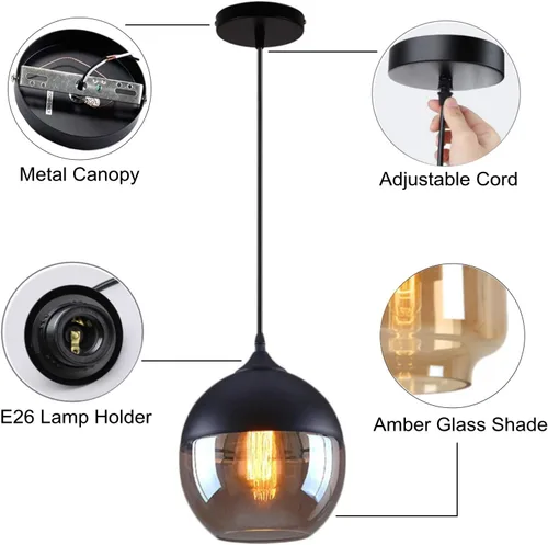 Vista 6 de Lámpara colgante negra, accesorio de iluminación colgante de cristal, lámpara colgante industrial vintage para cocina, isla de estar, baño, pasillo
