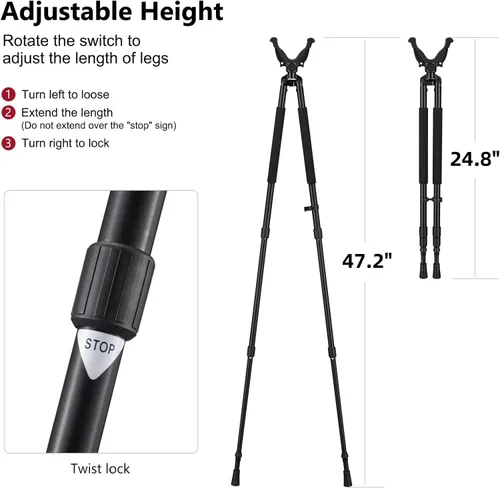 Vista 3 de Trakiom Bípode de caza, trípode de disparo, bípode de tiro ajustable con soporte de yugo de 360° V, bloqueo giratorio, marco de aluminio ligero