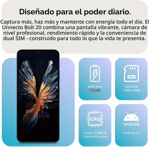 Vista 8 de Bolt 20, teléfono Android desbloqueado, 2025, garantía de EE. UU., 256GB, negro Dual SIM, Smartphone, Android 14, 5000mAh, Pantalla HD+ de 6.75