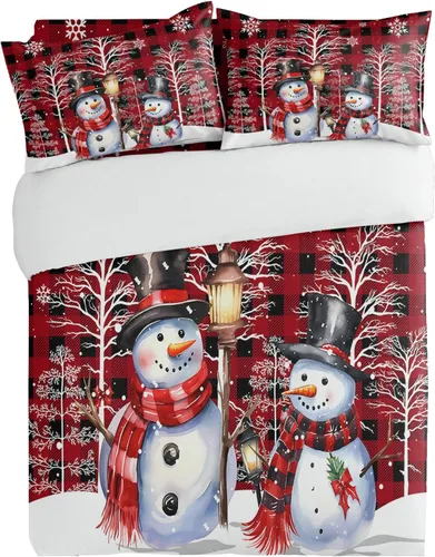 Vista 5 de Juego de ropa de cama de 3 piezas, diseño de muñeco de nieve de Navidad, copos de nieve, ramas, funda de edredón transpirable, fundas de almohada