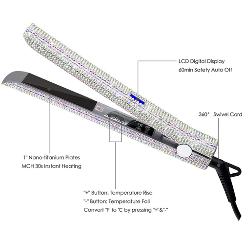 Vista 4 de DORISILK Plancha plana de titanio para cabello, plancha de pelo a alta temperatura de 480 °F, plancha aplanadora con diamantes de imitación