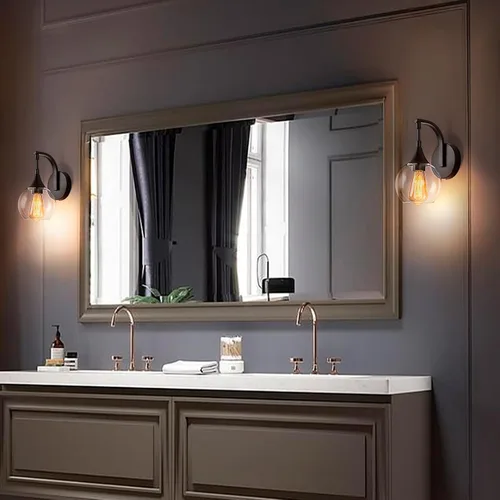 Vista 7 de Juego de dos apliques de pared negros, lámpara de pared moderna con pantalla de vidrio transparente, accesorios de iluminación de tocador de baño