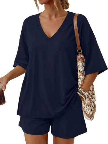 Vista 9 de Trendy Queen Conjunto corto de 2 piezas para mujer, conjuntos de descanso de verano 2026 rosa gris pardo