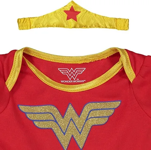 Vista 4 de Disfraz de vestido tipo body de la Mujer Maravilla con tiara y capa para bebé niña