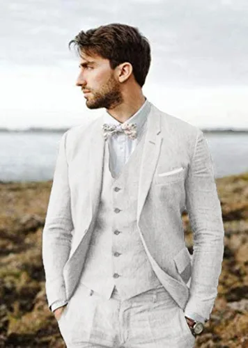 Vista 7 de Furuyal Traje de lino de 3 piezas vintage retro para boda, trajes de graduación, chaqueta ajustada, chaqueta de esmoquin para novio