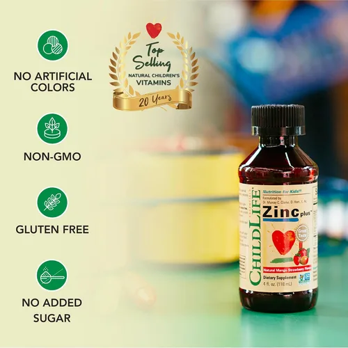 Vista 4 de ChildLife Essentials Liquid Zinc Plus para niños y niños pequeños, suplemento líquido, gluconato de zinc y cobre para apoyo inmunológico, minerales