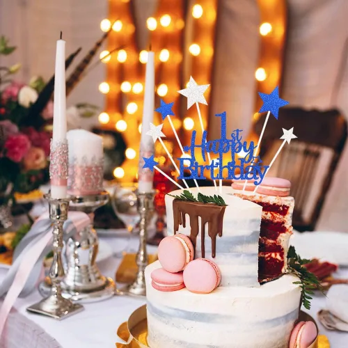 Vista 4 de Decoración brillante para tarta de primer cumpleaños feliz con estrella, adornos personalizados para tarta de 1 cumpleaños, decoraciones de fiesta