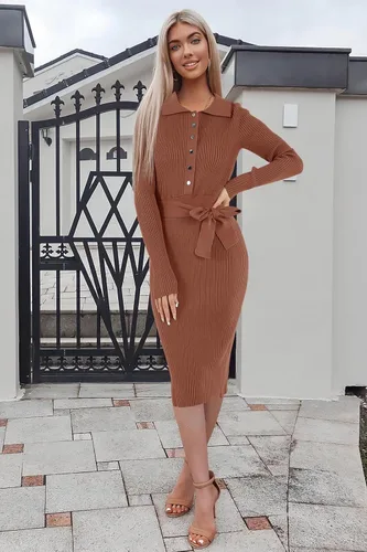 Vista 4 de Lynwitkui Vestido de suéter acanalado de manga larga con cuello en V para mujer, con botones y lazo en la cintura