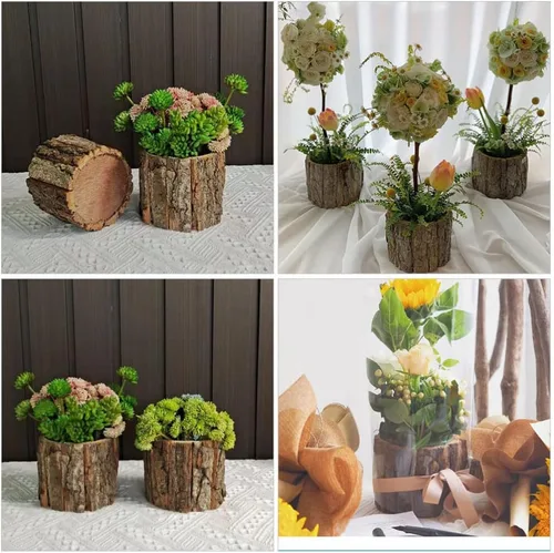 Vista 2 de OSALADI 2 macetas de tronco de árbol, corteza de madera, suculentas, cubo, rústico, natural, cactus, maceta, florero, contenedor para arreglos