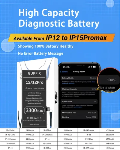 Vista 6 de Batería GUPFIX para iPhone 12/12Pro sin advertencia de pieza desconocida emergente No Unknown Part Info High Real Capacity Long Last Time Wireless