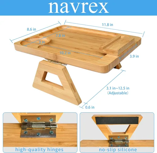 Vista 9 de Bandeja para apoyabrazos de sofá NAVREX con clip, mesa auxiliar de bambú con bandeja para TV, con soporte giratorio de 360° para teléfono, mesa
