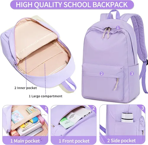 Vista 68 de LOIDOU Mochila para adolescentes y niñas, mochila escolar con lonchera y estuche para lápices, juego de bolsas escolares 3 en 1