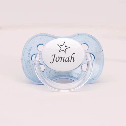 Vista 2 de Chupete personalizado con nombre y diseño de estrella, paquete de 3 unidades con purpurina azul, blanco y azul (0-6 meses), 6-18 meses, niños