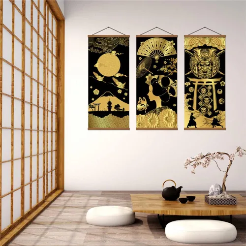 Vista 3 de Warrior's Dreams - Póster impreso en lienzo para pared, con casco blindado, espíritu samurái con pergamino de madera, listo para colgar, decoración