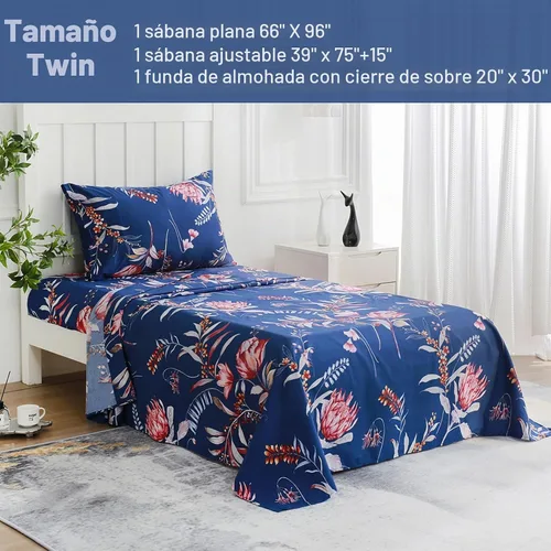 Vista 2 de JSD Juego de sábanas florales azul marino, tamaño individual, sábanas de microfibra impresas de 3 piezas, bolsillo extra profundo, sin arrugas