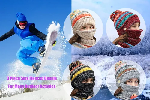 Vista 9 de Conjunto de 3 piezas para mujer, gorro de esquí, nieve, cuello, bufanda, máscara facial, pasamontañas, gorro de forro polar de punto de invierno