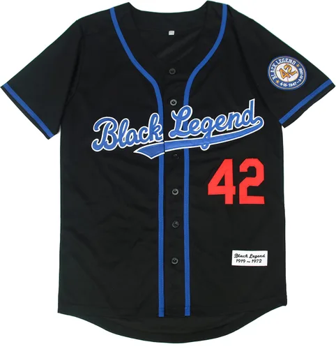 Vista 4 de Dabuliu Camiseta de béisbol retro Black Legend 42 para hombre, parches bordados, camisetas hipster hip hop cosidas