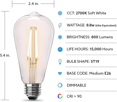 Vista 2 de Feit Electric ST19 Bombilla LED Edison vintage, equivalente a 60 W, regulable, blanco suave de 2700 K, 800 lúmenes, base E26, bombillas de filamento