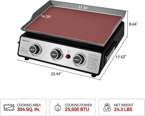 Vista 3 de Royal Gourmet PD1301S - Plancha de gas portátil de 3 quemadores, 25,500 BTU de potencia de cocción, 304 pulgadas cuadradas, superficie de cocción