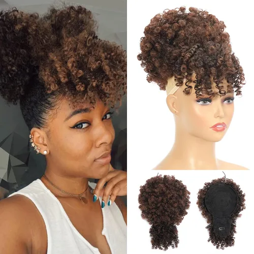 Vista 10 de Extensión de cola de caballo afro rizada Fayasu para mujeres negras, con cordón, cola de caballo con cabello rizado y flequillo, extensión