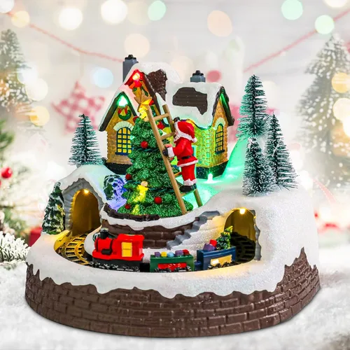 Vista 6 de DREAM GARDEN Casa de Pueblo Navideño, Santa Claus Trepando al Árbol de Navidad con Tren en Movimiento, Funciona con Batería, Edificios