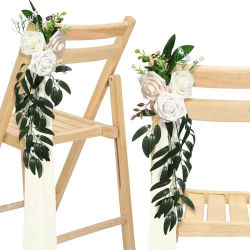 Vista 6 de Hoteam - 16 piezas de flores de banco para pasillo de boda, decoración de sillas de eucalipto y rosas con cintas largas de gasa, decoración de silla