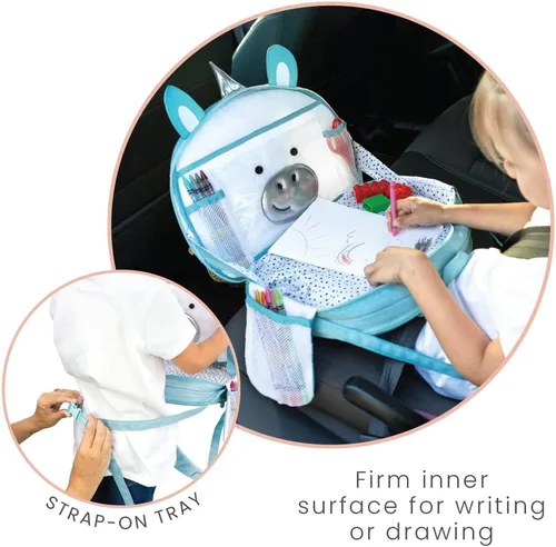 Vista 2 de Lulyboo Bandeja y mochila para asiento de automóvil de unicornio para niños pequeños Escritorio de viaje para niños con superficie de escritura