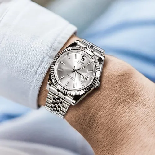 Vista 6 de BUREI - Reloj automático de lujo para hombre con lente de zafiro, calendario y correa de acero inoxidable