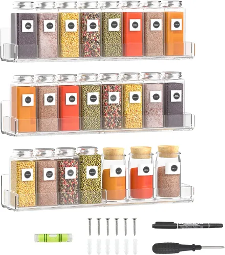 Vista 8 de Sezanrpt Estante acrílico para especias de montaje en pared, estantes colgantes para condimentos, tarros de especias de cocina, organizador