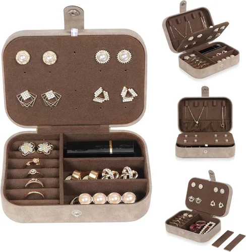 Vista 7 de Hatori Joyero de viaje, organizador de joyas pequeño de piel sintética para mujeres y niñas, mini estuche de viaje portátil, cajas de almacenamiento