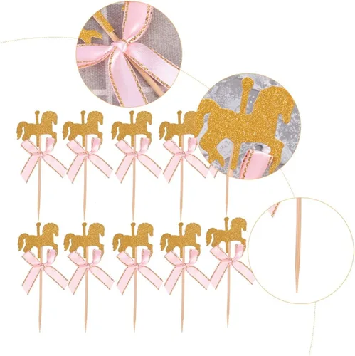 Vista 2 de Amosfun 50 piezas de carrusel de caballos de 4.72 x 1.77 pulgadas, decoración de madera para pasteles de cumpleaños, decoración de cupcakes