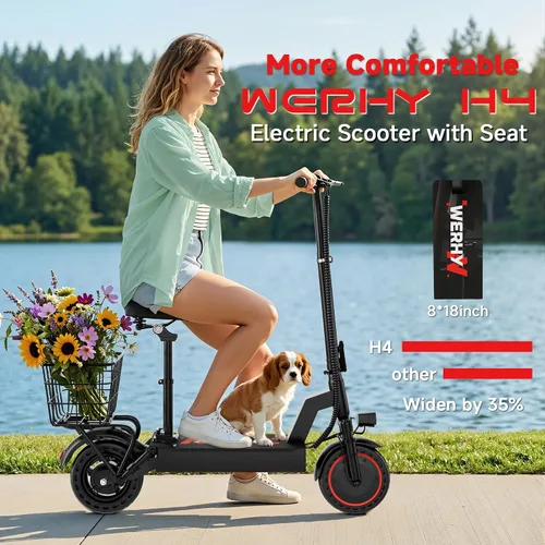 Vista 7 de WERHY 500W Electric Scooter with Seat and Basket, Front and Rear Suspension Negro