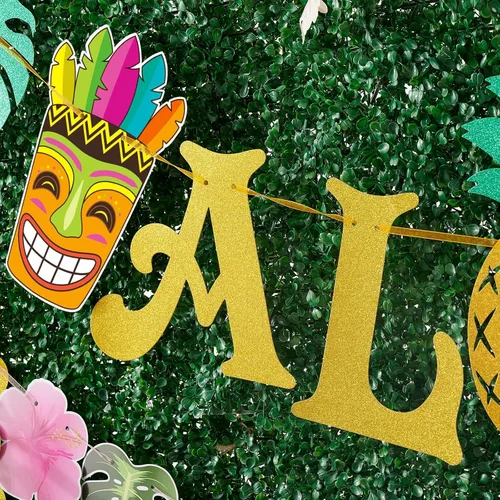 Vista 4 de WERNNSAI Pancarta hawaiana de Aloha para fiestas, flamenco, piña, tiki, tropical, Luau, suministros de fiesta, recuerdos, grande, dorado, brillante