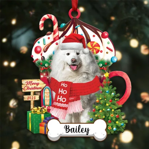 Vista 90 de Akita1 - Adorno personalizado para perro, adorno de perro con nombre personalizado, plano impreso en 2D, acrílico colgante, Papá Noel y perro