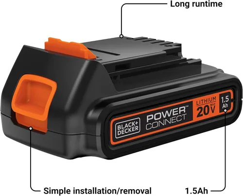 Vista 3 de BLACK+DECKER Batería 20V MAX, Batería de Iones de Litio 1.5Ah, Tiempo de Funcionamiento Extendido, Compatible con Herramientas, Equipo