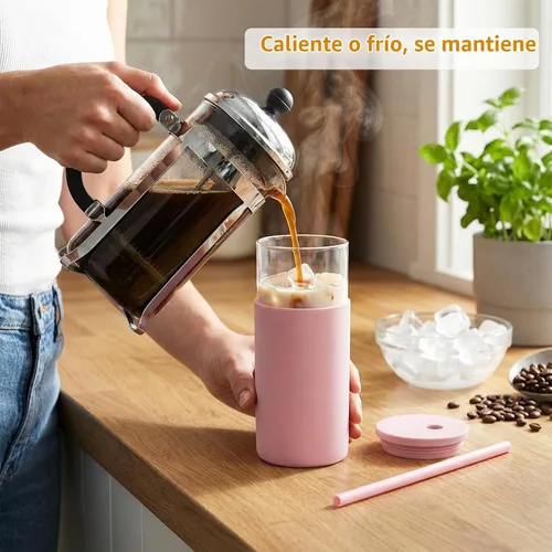 Vista 5 de Tronco Vaso de vidrio de 20 onzas con tapas y pajitas, vasos reutilizables para batidos con tapa de silicona, taza de café helado con funda Negro